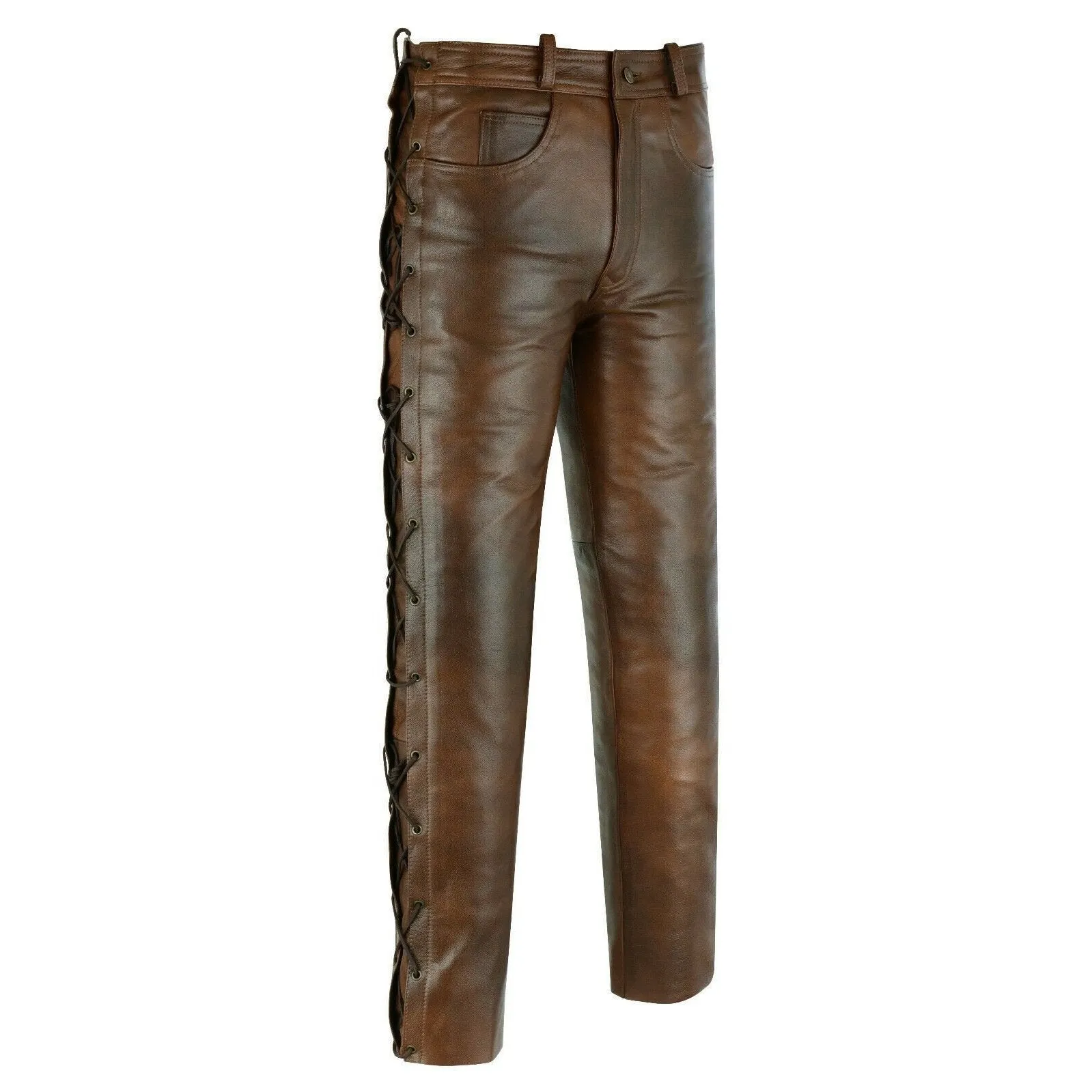 502 Brown Jean Style Motorcycle Biker Leather Pants Trousers With Side Laces