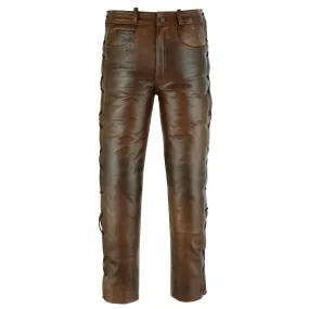 502 Brown Jean Style Motorcycle Biker Leather Pants Trousers With Side Laces