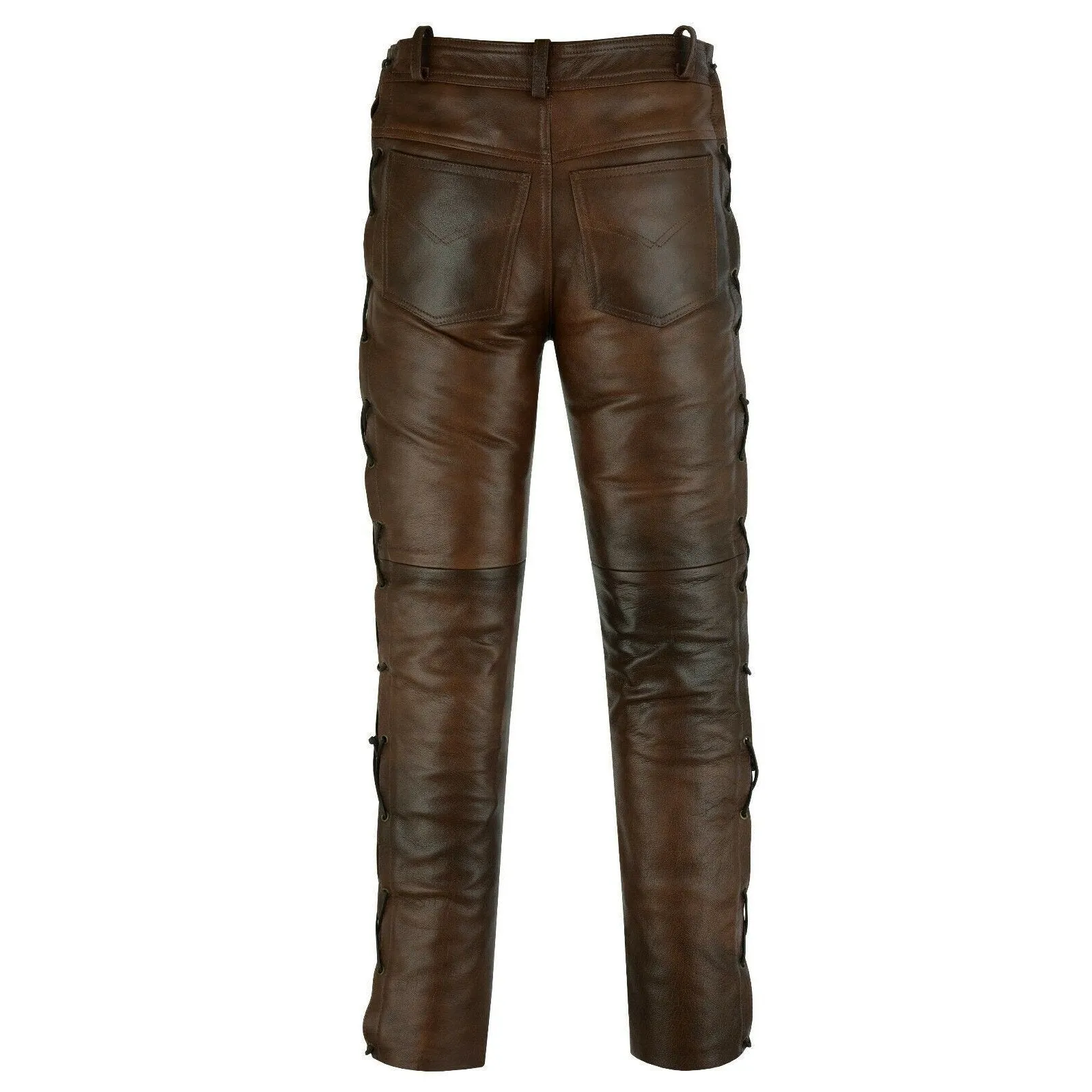 502 Brown Jean Style Motorcycle Biker Leather Pants Trousers With Side Laces