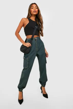 Acid Wash High Waisted Denim Cargo Joggers