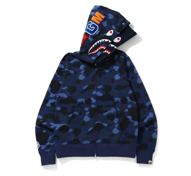 BAPE Color Camo Shark Wide Full Zip Double Hoodie Navy