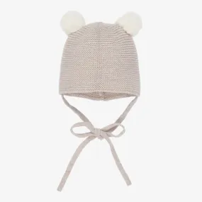 Beige Merino Wool Pom-Pom Hat