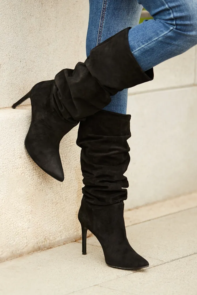 Belle Black Suede Heeled Slouch High Leg Boot