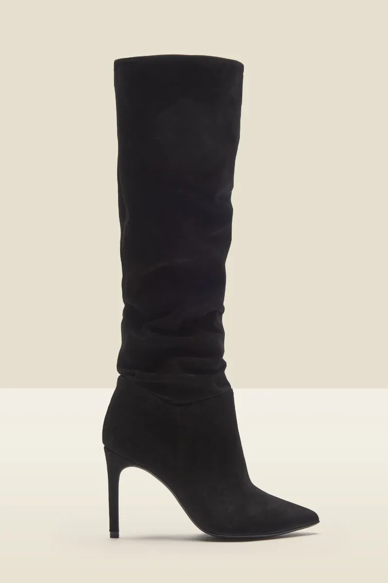 Belle Black Suede Heeled Slouch High Leg Boot