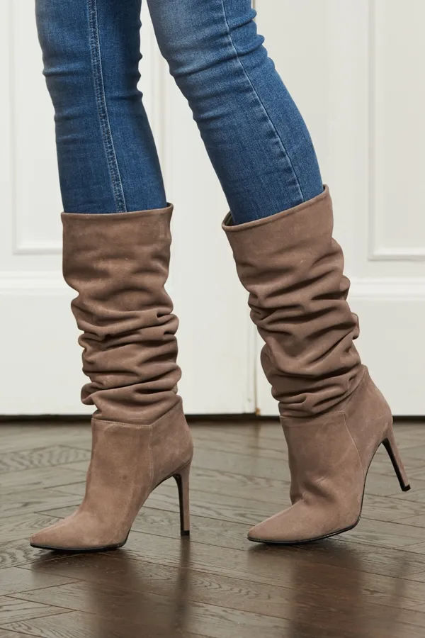 Belle Taupe Suede Heeled Slouch High Leg Boot