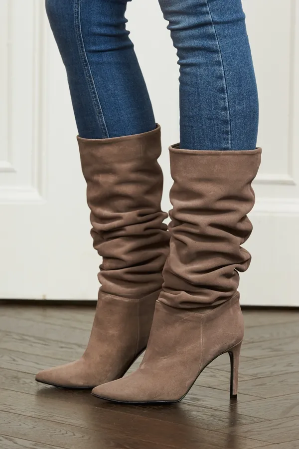 Belle Taupe Suede Heeled Slouch High Leg Boot