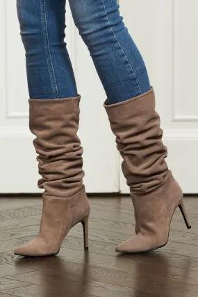 Belle Taupe Suede Heeled Slouch High Leg Boot