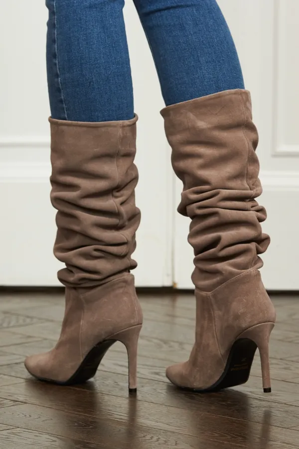 Belle Taupe Suede Heeled Slouch High Leg Boot