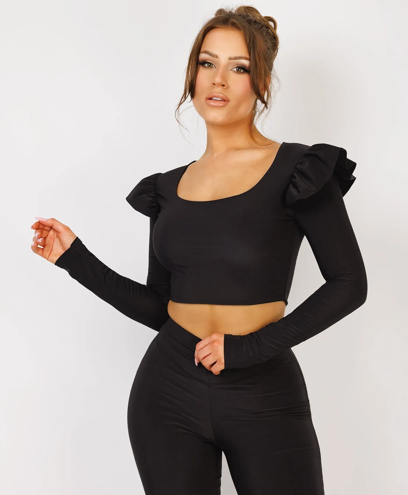 Black Frill Shoulder Long Sleeve Slinky Top And Trousers Loungewear Set