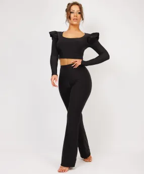 Black Frill Shoulder Long Sleeve Slinky Top And Trousers Loungewear Set