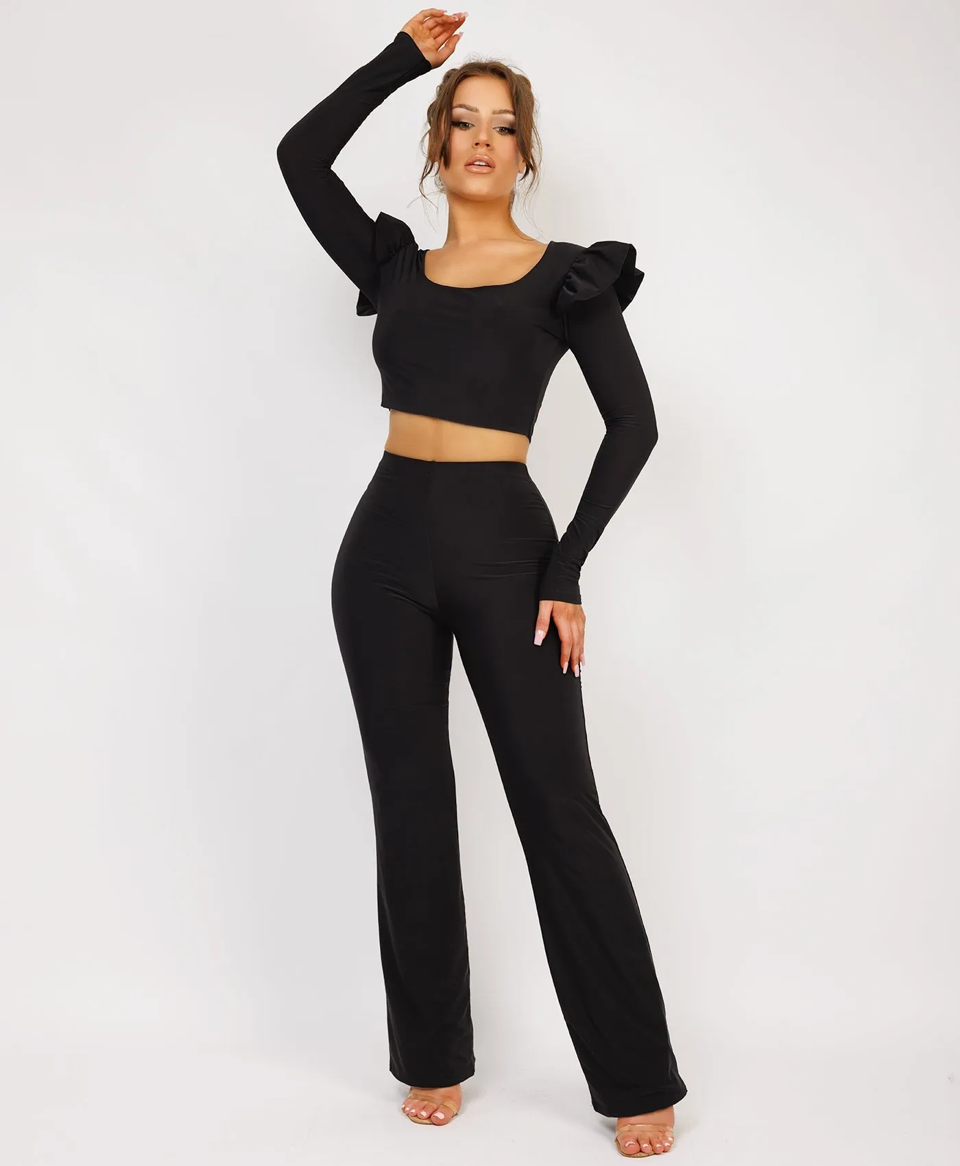 Black Frill Shoulder Long Sleeve Slinky Top And Trousers Loungewear Set