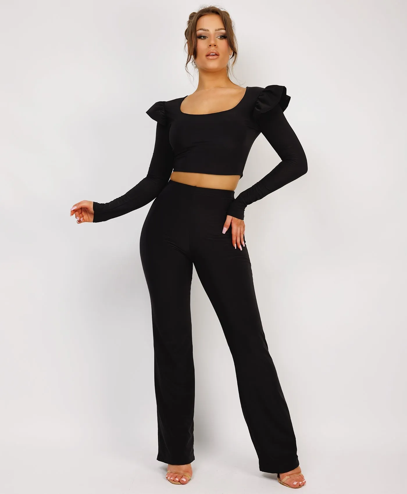 Black Frill Shoulder Long Sleeve Slinky Top And Trousers Loungewear Set