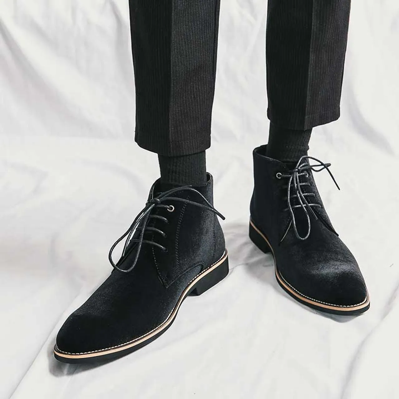 Black suede sewn accents lace up shoe boot