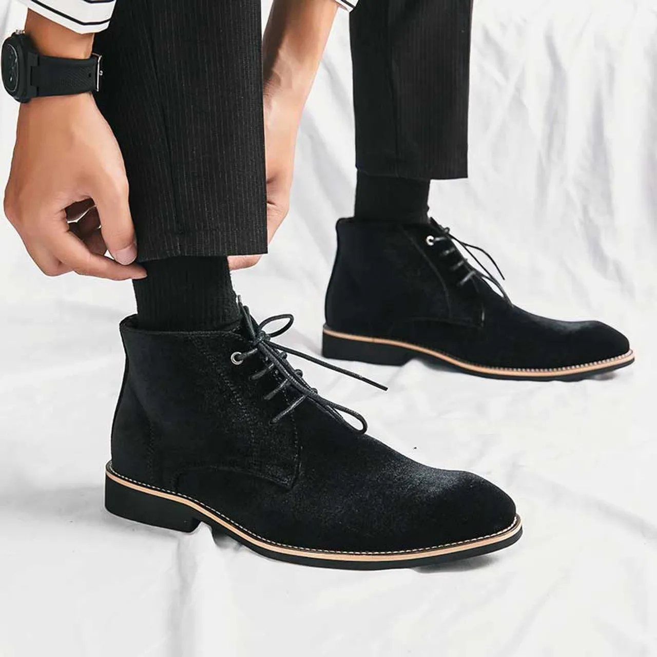 Black suede sewn accents lace up shoe boot