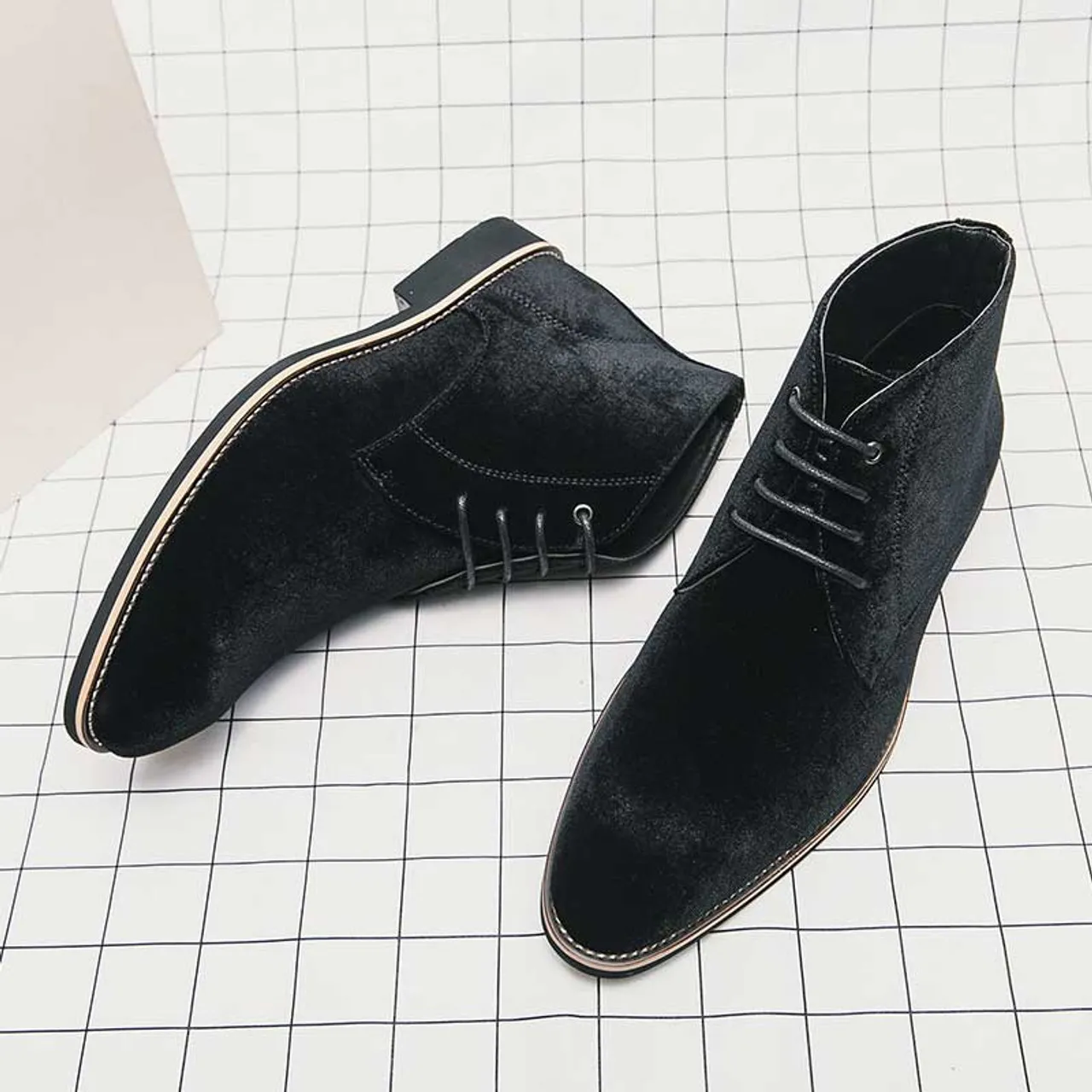 Black suede sewn accents lace up shoe boot