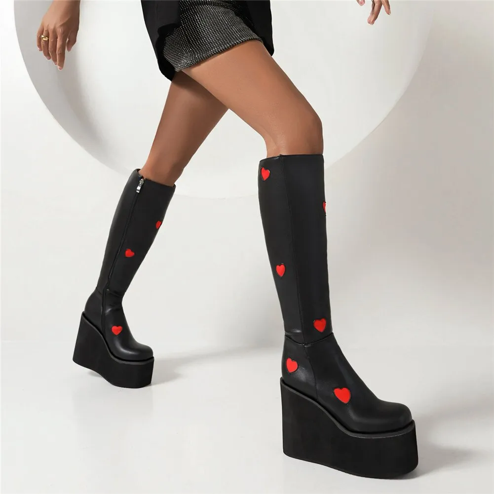 Brand New Female Platform Knee High Boots Fashion Heart Wedges High Heels boot