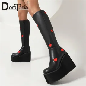 Brand New Female Platform Knee High Boots Fashion Heart Wedges High Heels boot