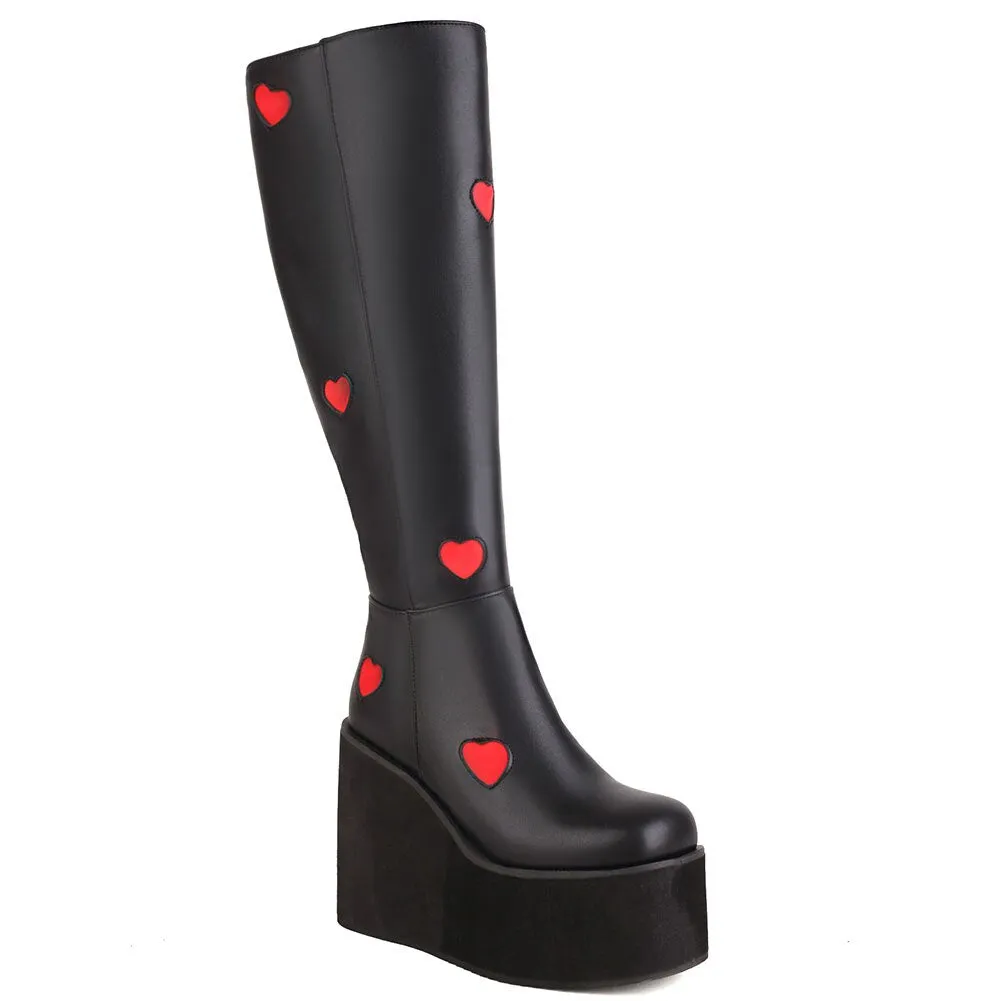 Brand New Female Platform Knee High Boots Fashion Heart Wedges High Heels boot