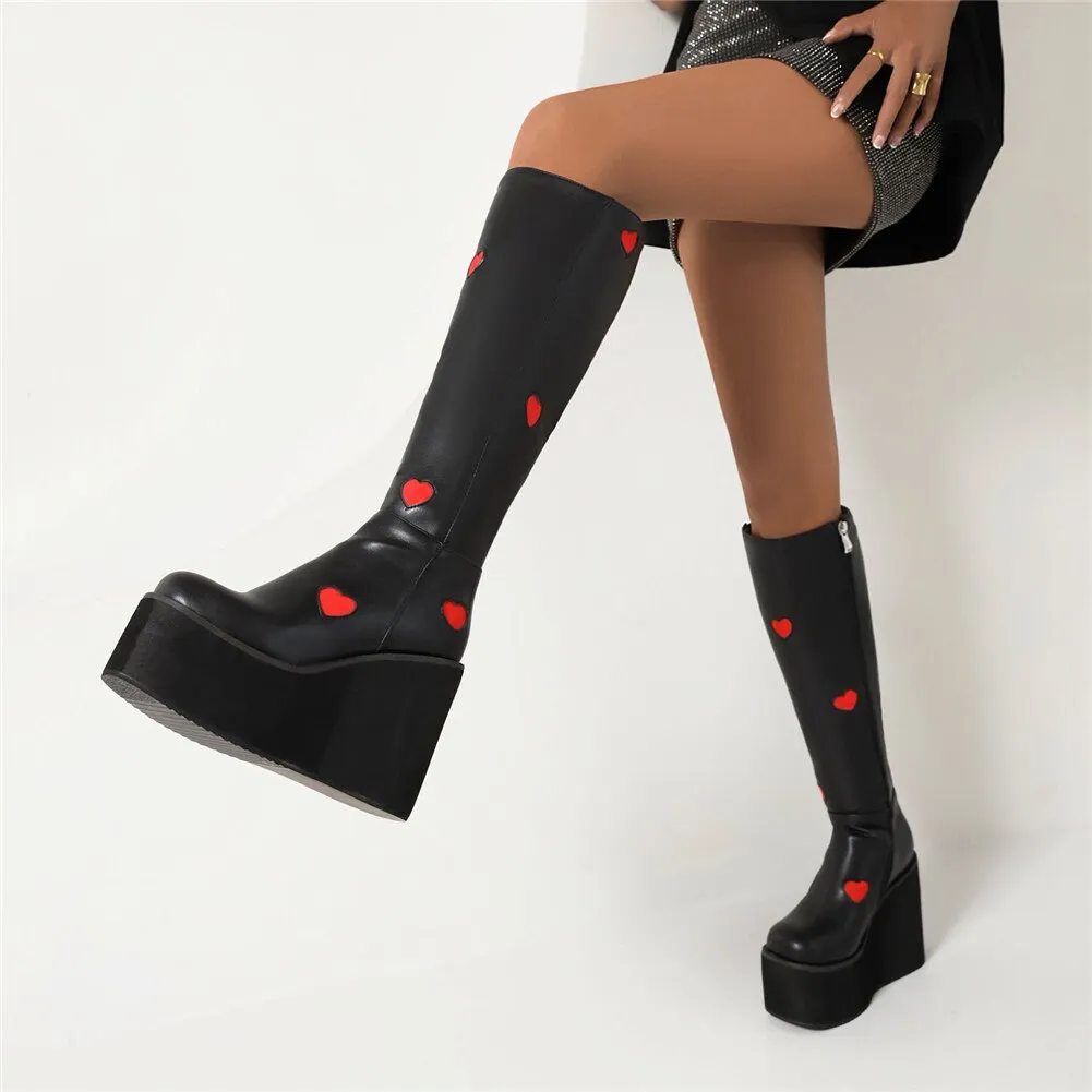 Brand New Female Platform Knee High Boots Fashion Heart Wedges High Heels boot