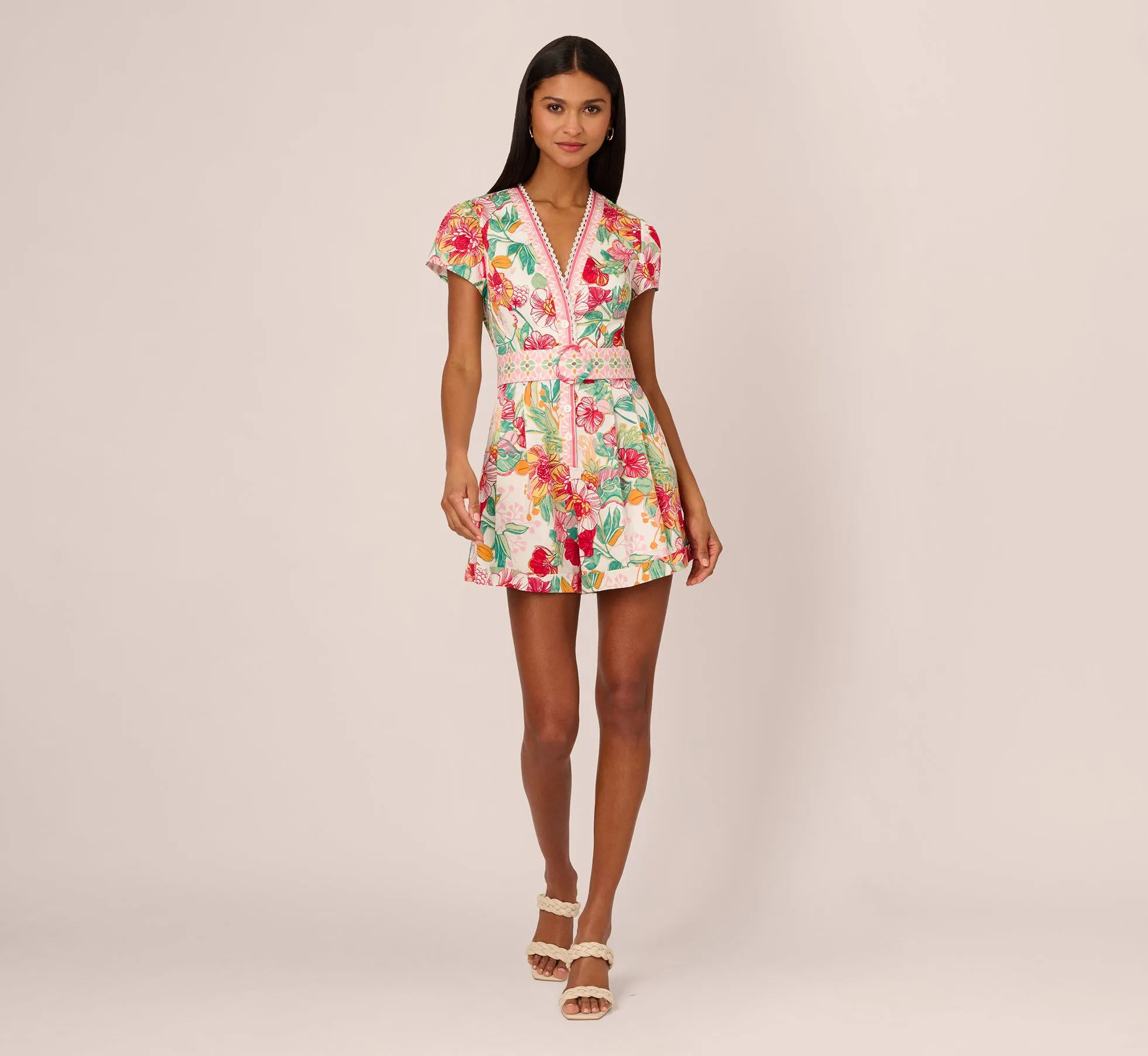 Bright Floral Print Button Up Romper With Belted Waist In Pink-Green Multi