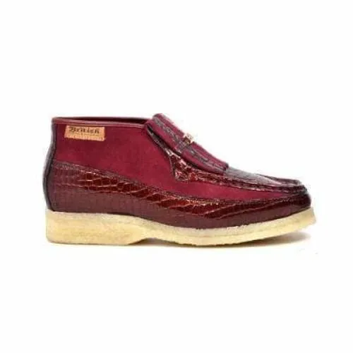 British Walkers Apollo Croc Men's Burgundy Crocodile Leather and Suede Crepe Sole Ankle Boot