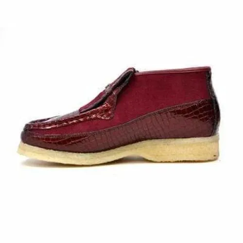 British Walkers Apollo Croc Men's Burgundy Crocodile Leather and Suede Crepe Sole Ankle Boot