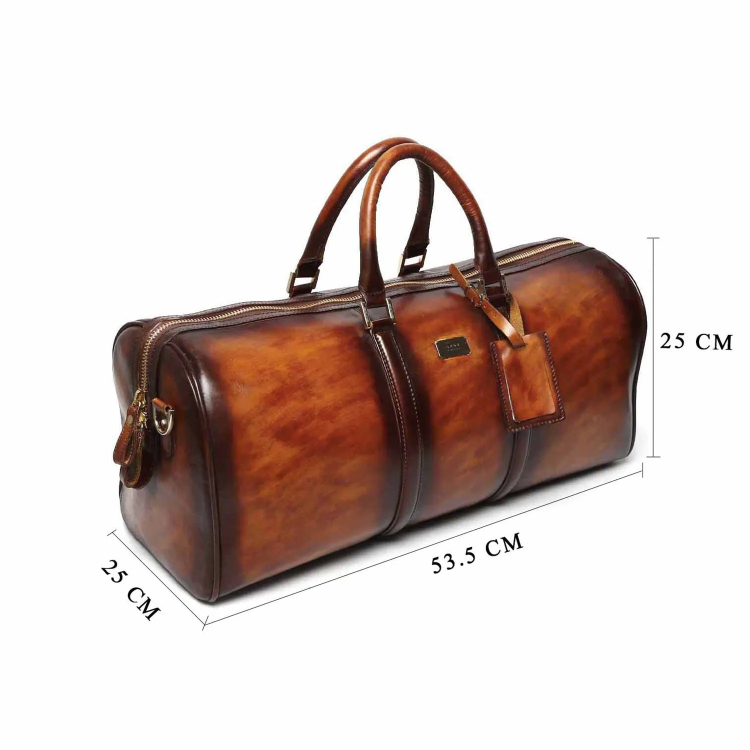 Brune & Bareskin Veg Tanned Tan Hand Painted Leather Duffle Bag With Golden Accent