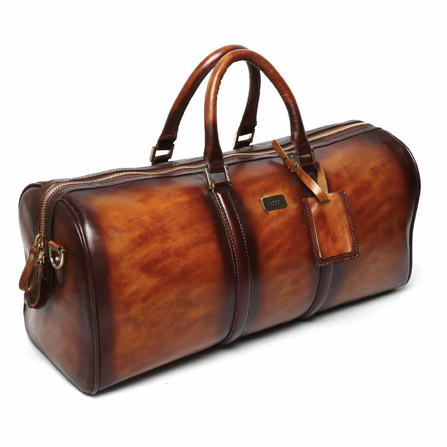 Brune & Bareskin Veg Tanned Tan Hand Painted Leather Duffle Bag With Golden Accent