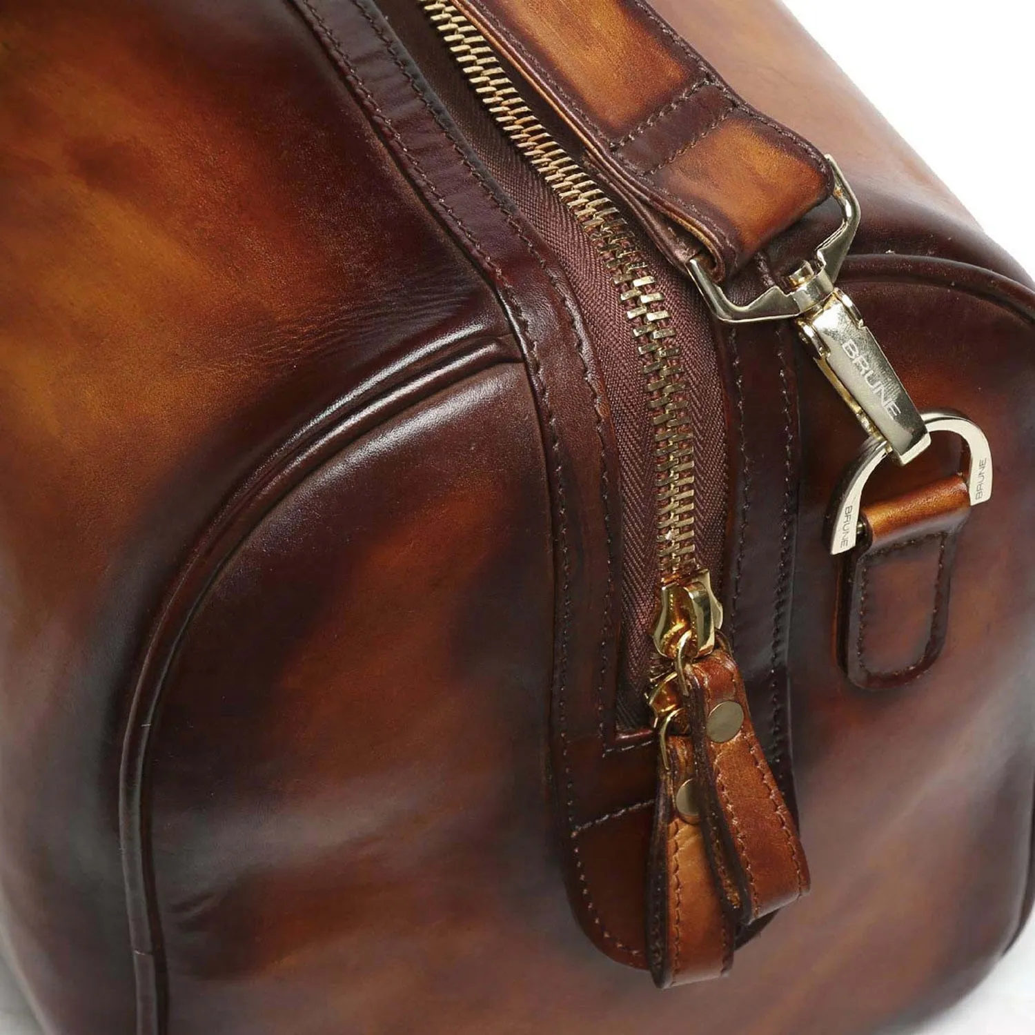 Brune & Bareskin Veg Tanned Tan Hand Painted Leather Duffle Bag With Golden Accent