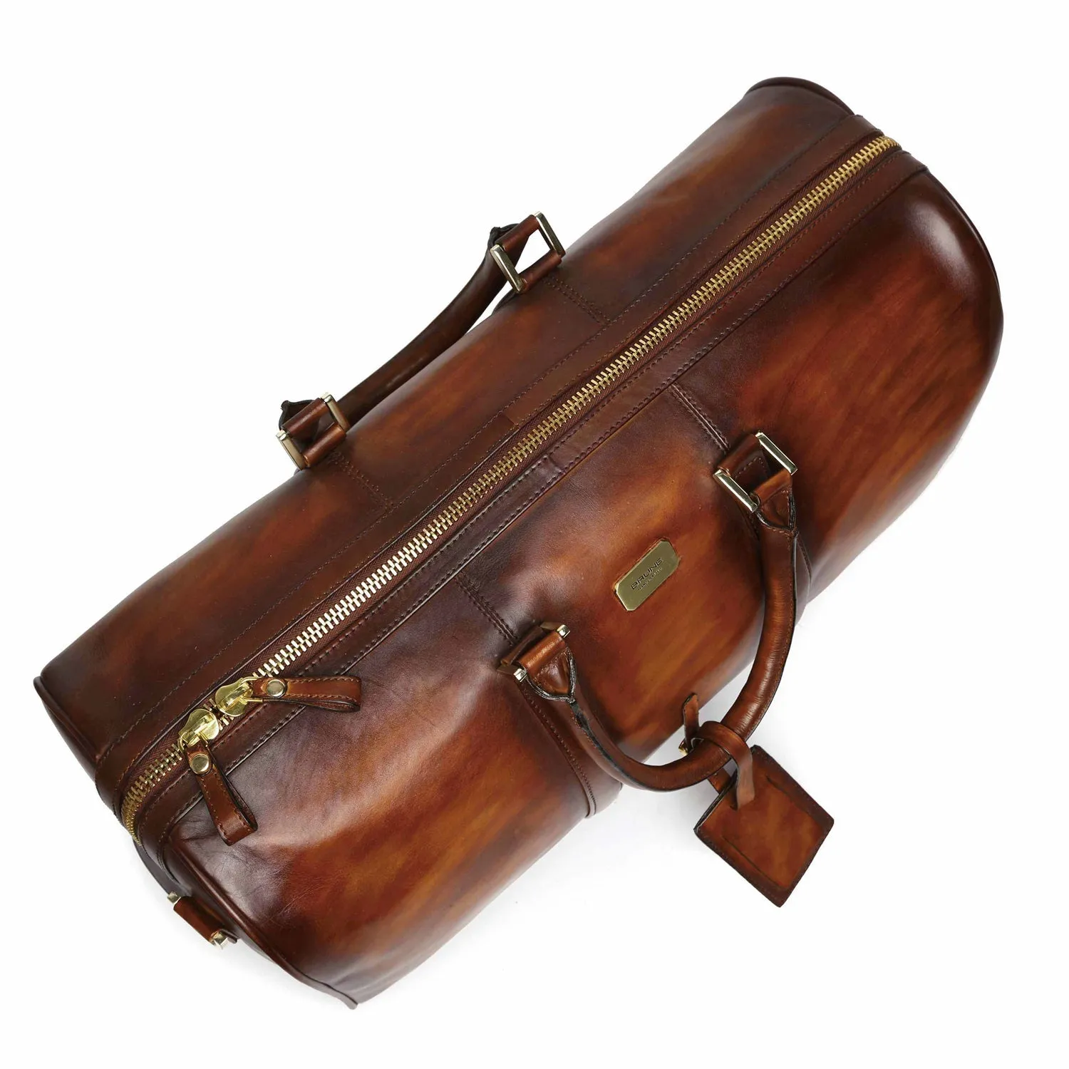 Brune & Bareskin Veg Tanned Tan Hand Painted Leather Duffle Bag With Golden Accent