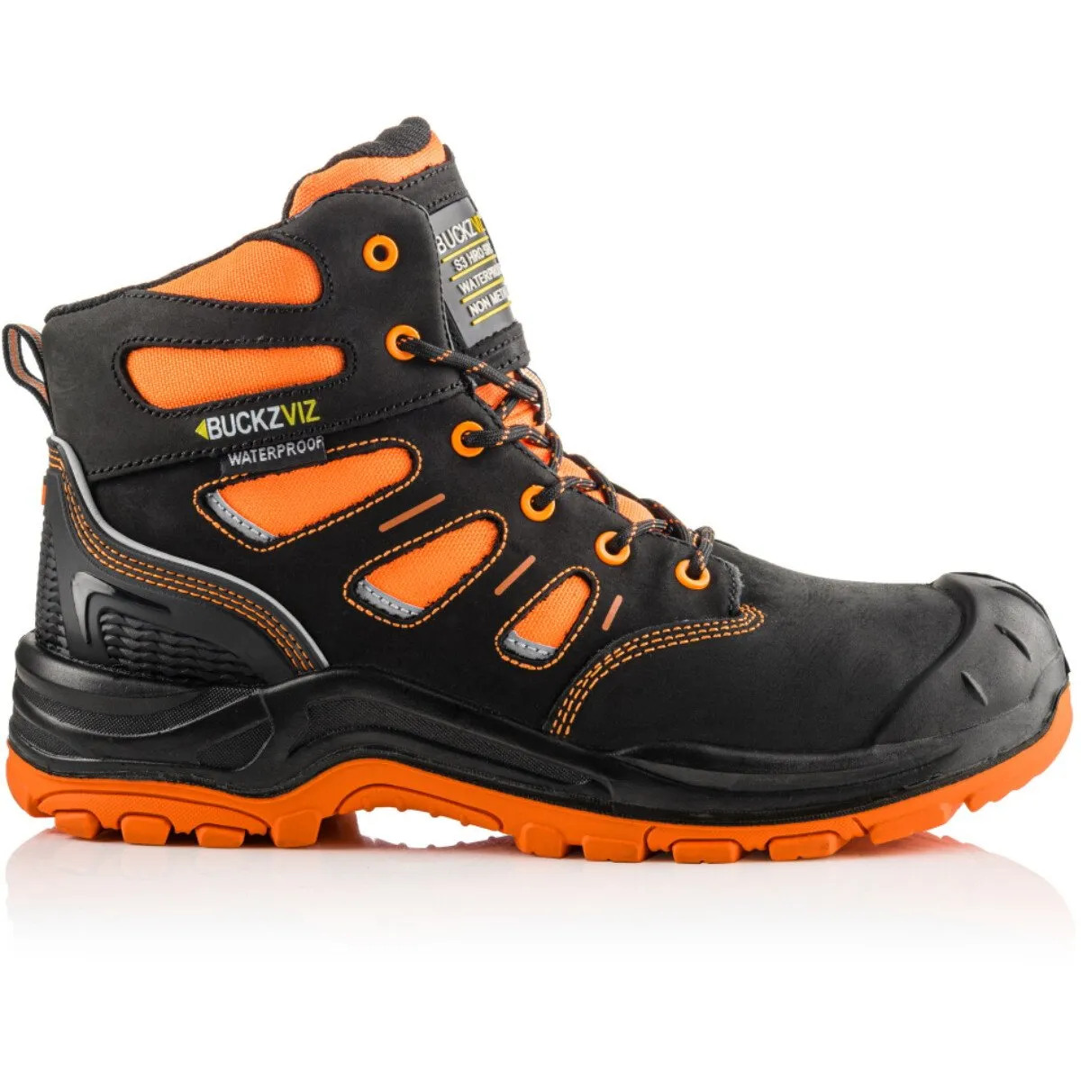 Buckbootz BVIZ2 Buckz Viz Black or Brown Leather/Hi-Viz Cordura S3 Non Metallic Hiker Safety Boot