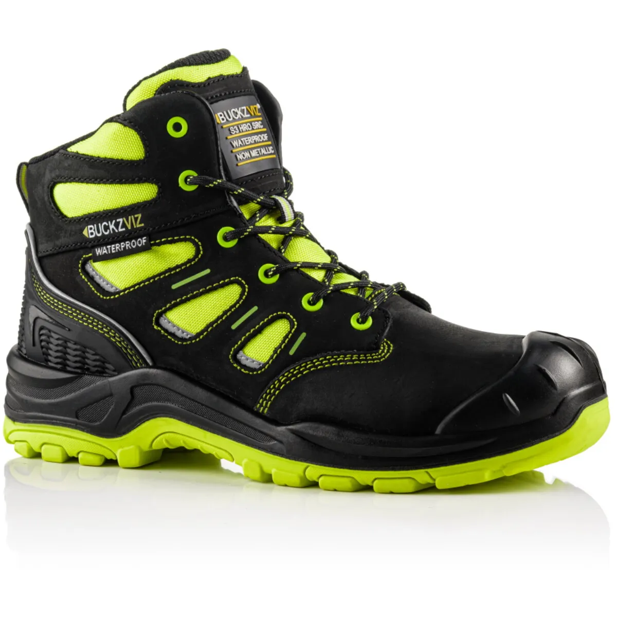 Buckbootz BVIZ2 Buckz Viz Black or Brown Leather/Hi-Viz Cordura S3 Non Metallic Hiker Safety Boot