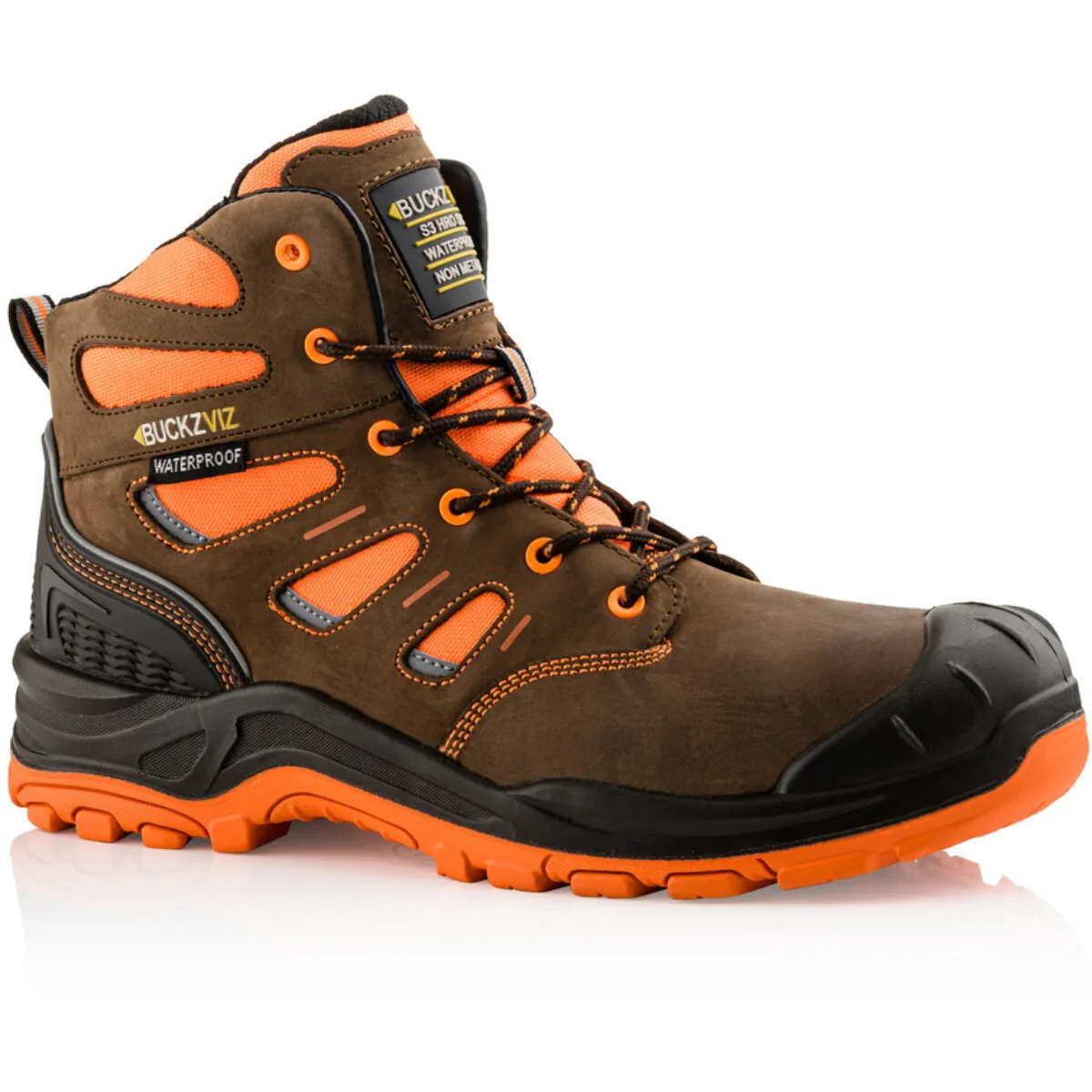 Buckbootz BVIZ2 Buckz Viz Black or Brown Leather/Hi-Viz Cordura S3 Non Metallic Hiker Safety Boot