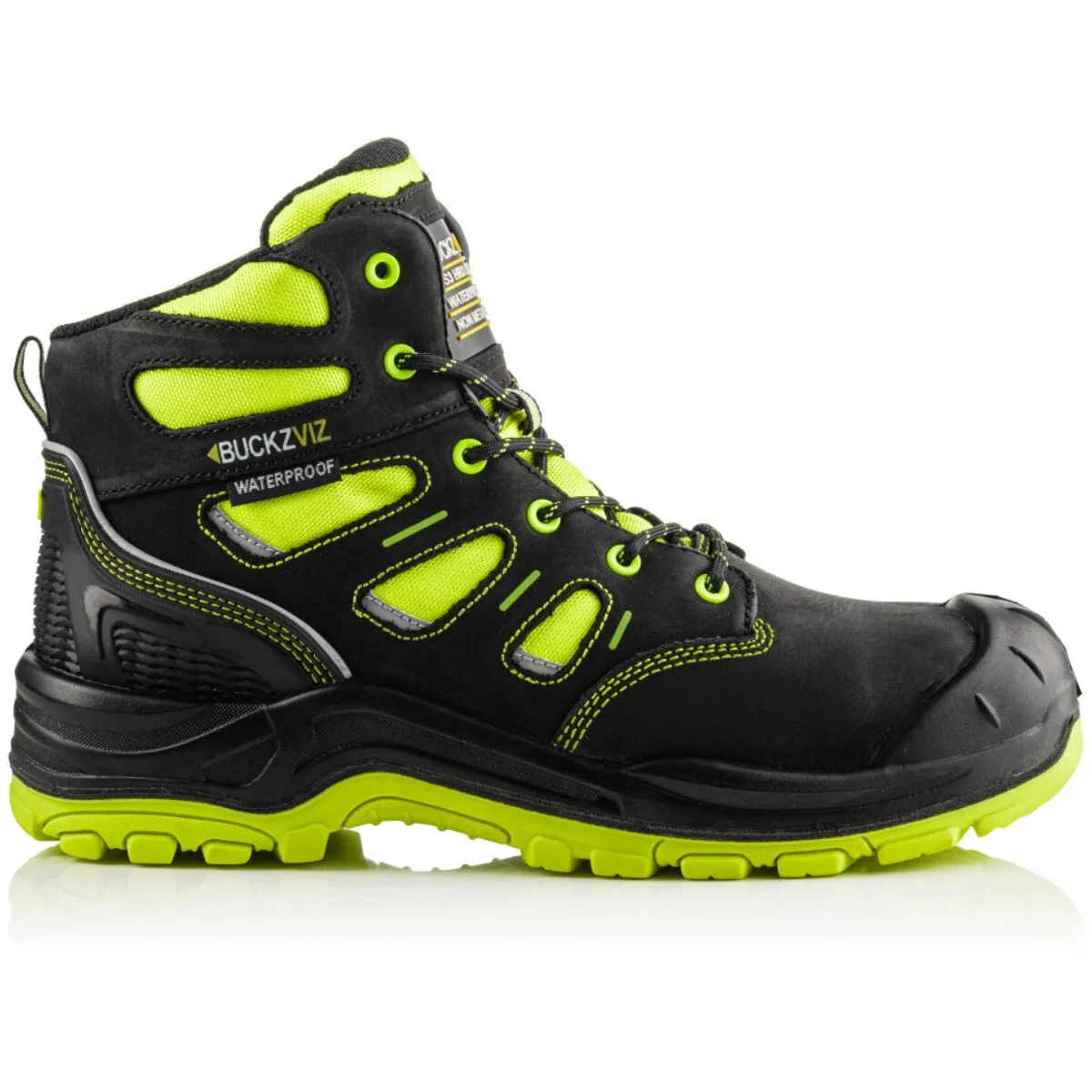 Buckbootz BVIZ2 Buckz Viz Black/Hi-Viz Leather/Cordura S3 Non Metallic Hiker Safety Boot - Yellow - UK12