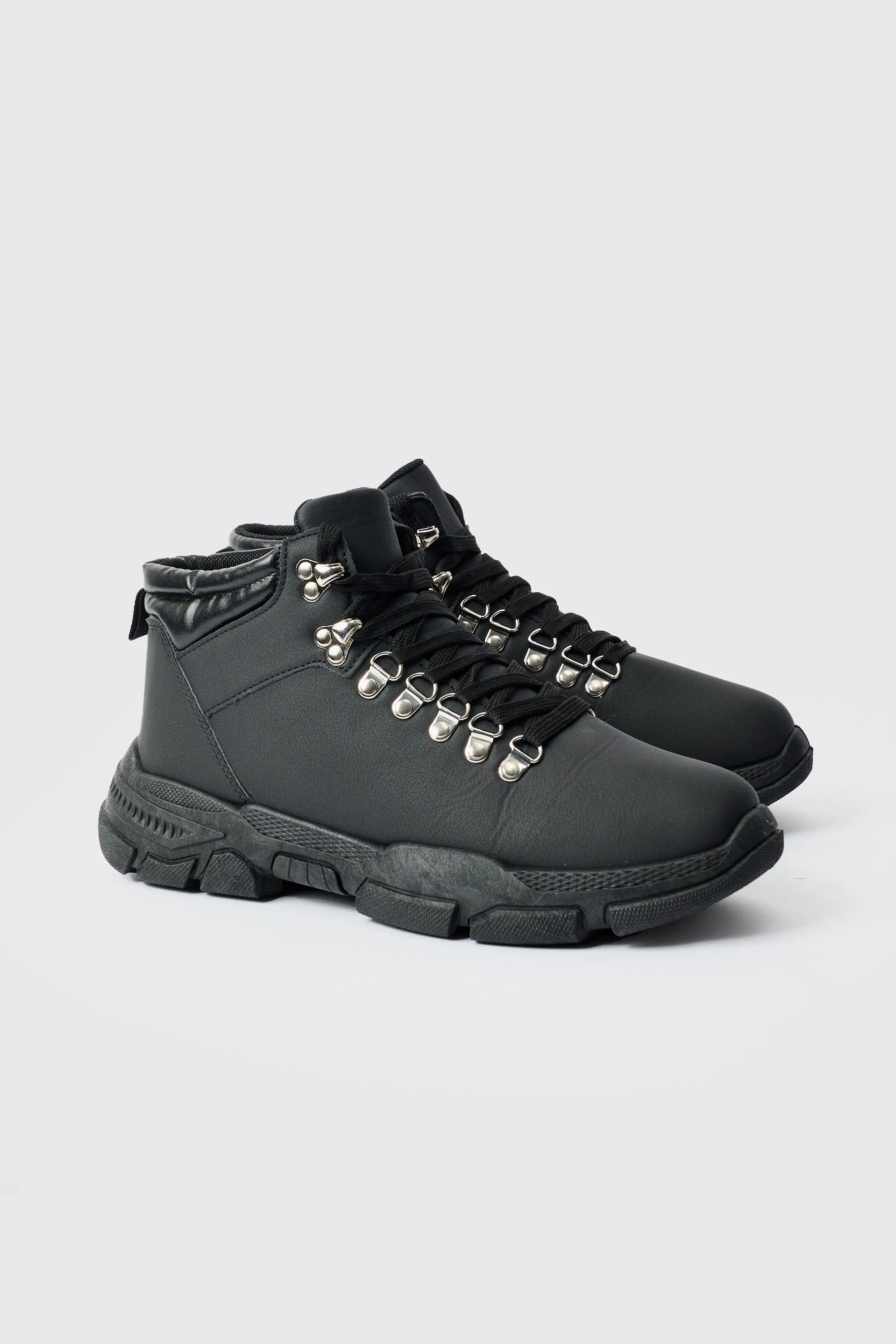 Chunky Sole Worker Boot In Black | boohooMAN UK