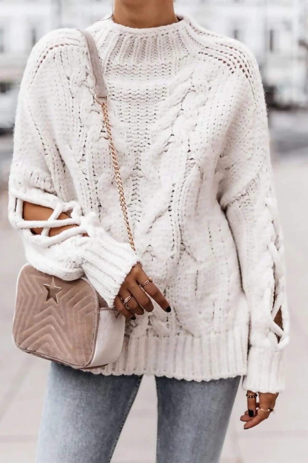 Cream Braided Sleeve Chunky Knitted Jumper