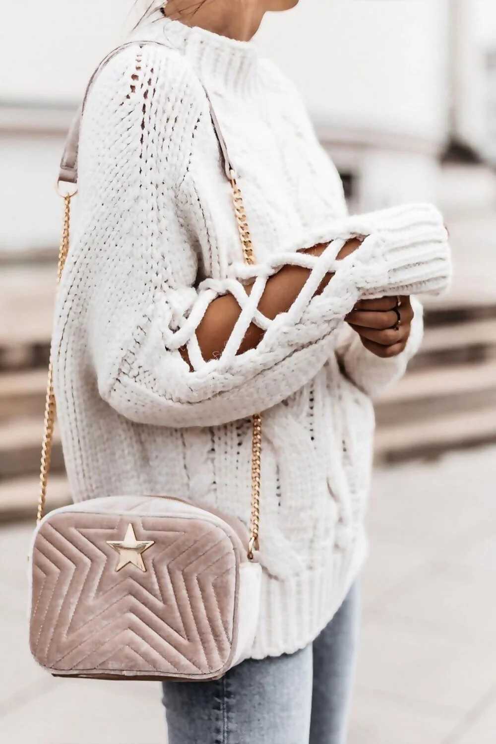 Cream Braided Sleeve Chunky Knitted Jumper