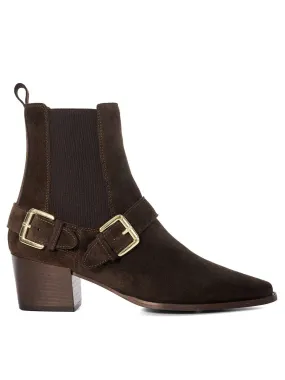 Dune London Panino Buckle Detail Suede Western Boot - Brown