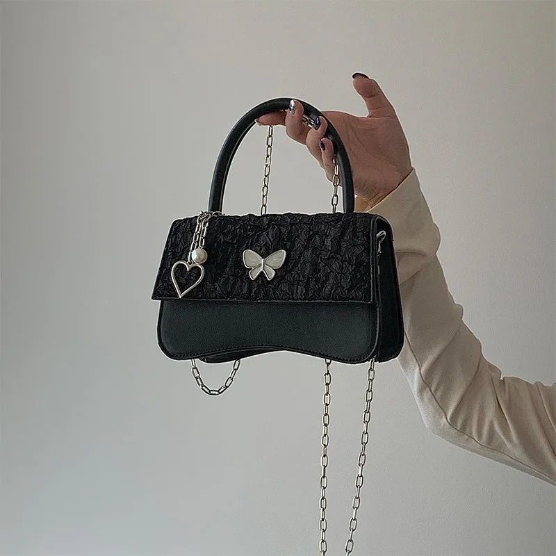 Elena Butterfly Heart Pendant Black Faux Leather Handbag