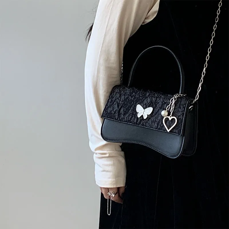 Elena Butterfly Heart Pendant Black Faux Leather Handbag