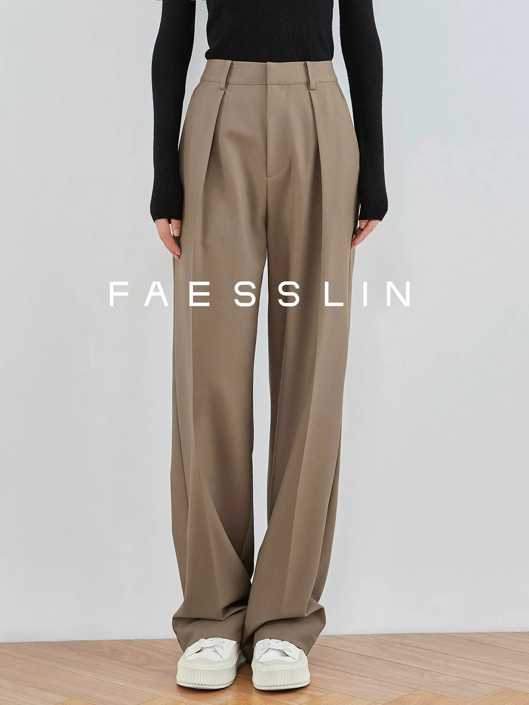 FAESSLIN【Old Money Style】Wide-leg suit trousers with mid-seam Maillard high-waisted straight-leg suit trousers for women in spri