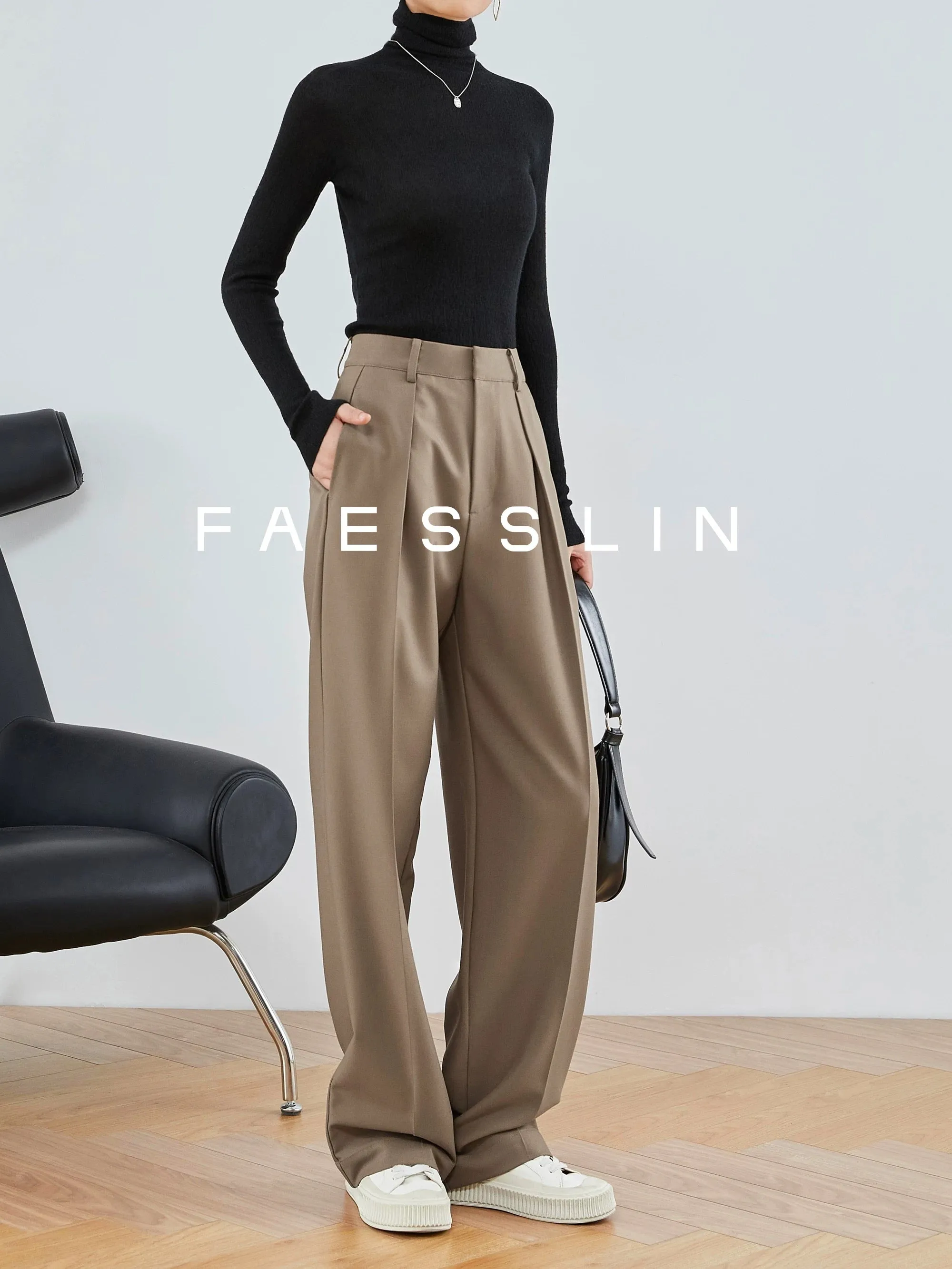 FAESSLIN【Old Money Style】Wide-leg suit trousers with mid-seam Maillard high-waisted straight-leg suit trousers for women in spri