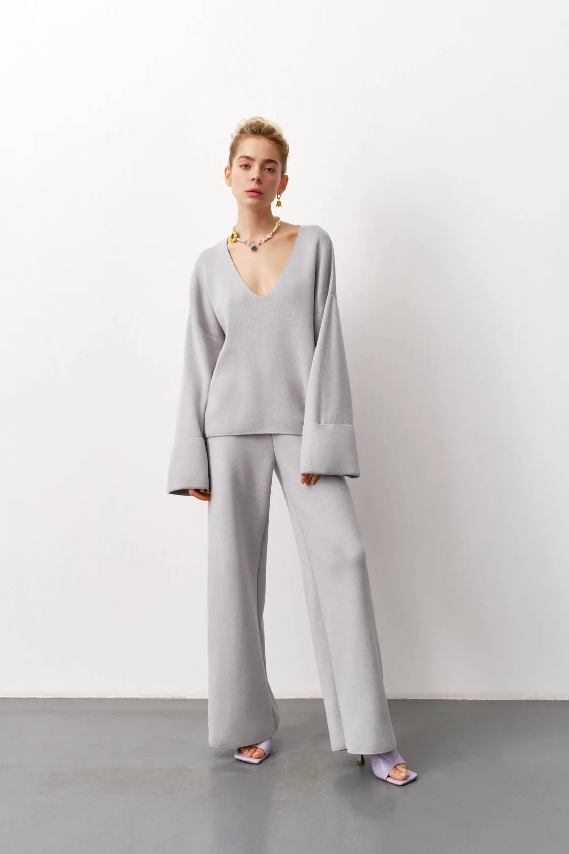 Flare Leg Lounge Set with Loose Cut Pullover in Grey