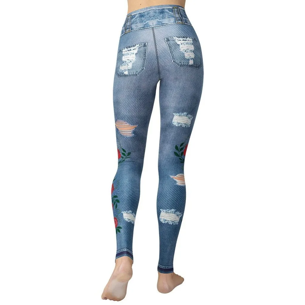 Floral Denim Print Yoga Leggings