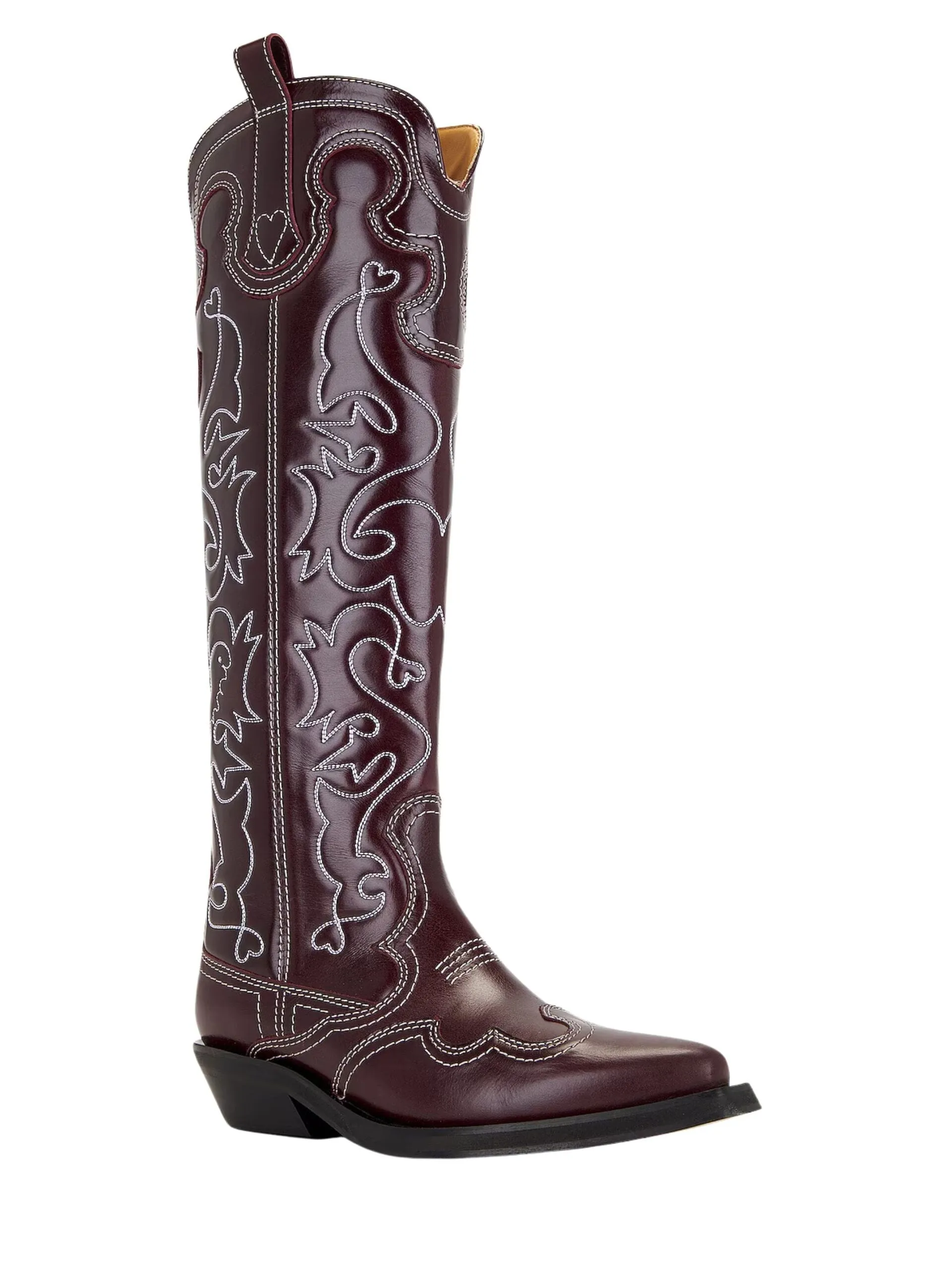 GANNI   Western Knee High Embroidered Boot / Burgundy