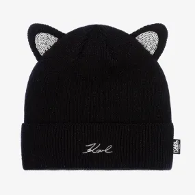 Girls Black Cat Ears Knitted Beanie Hat