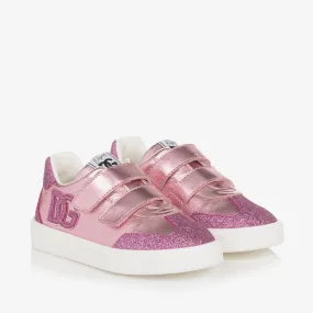 Girls Glittery Pink Leather Velcro Trainers