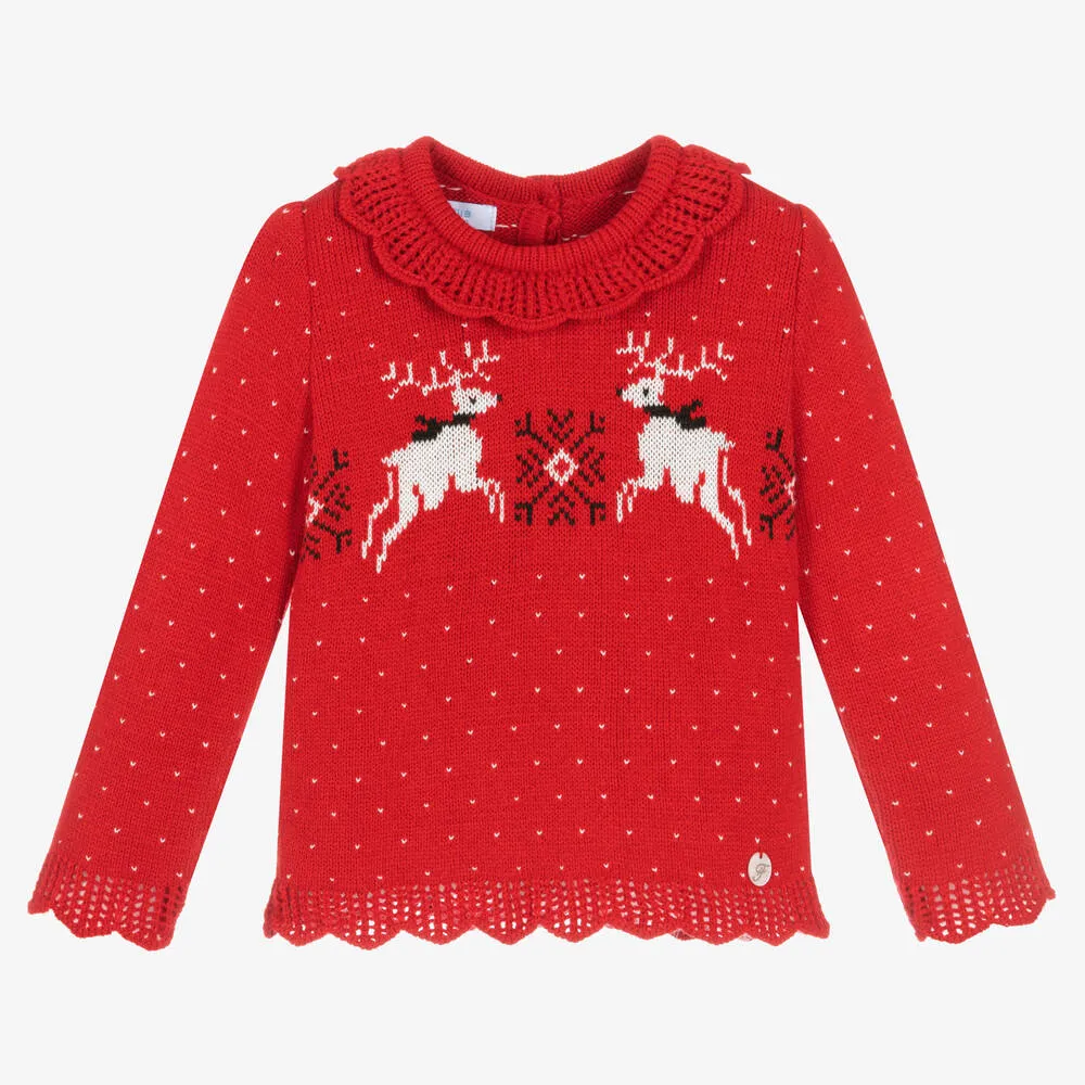 Girls Red Reindeer Jumper 