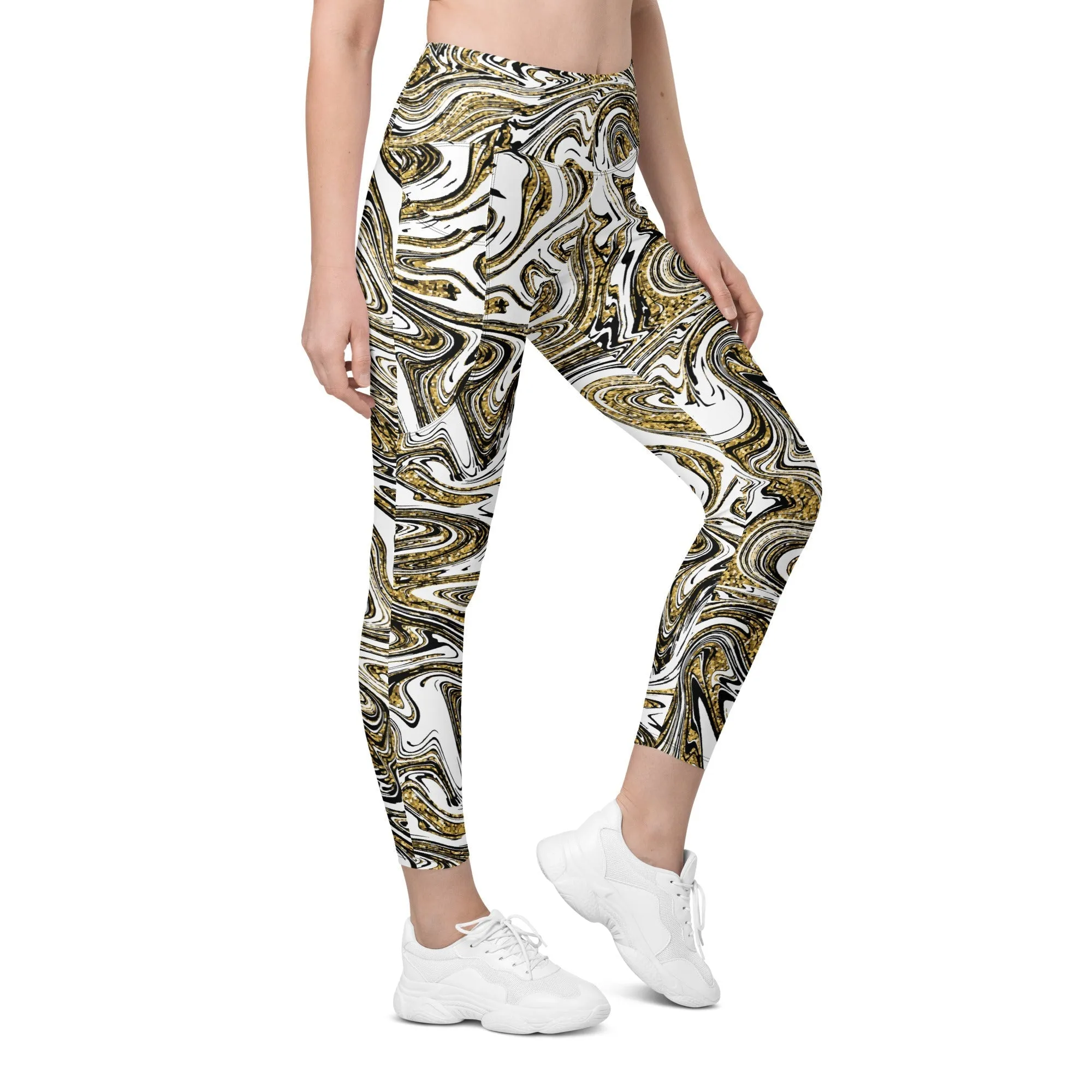 Glitter Print Marble Leggings With Pockets