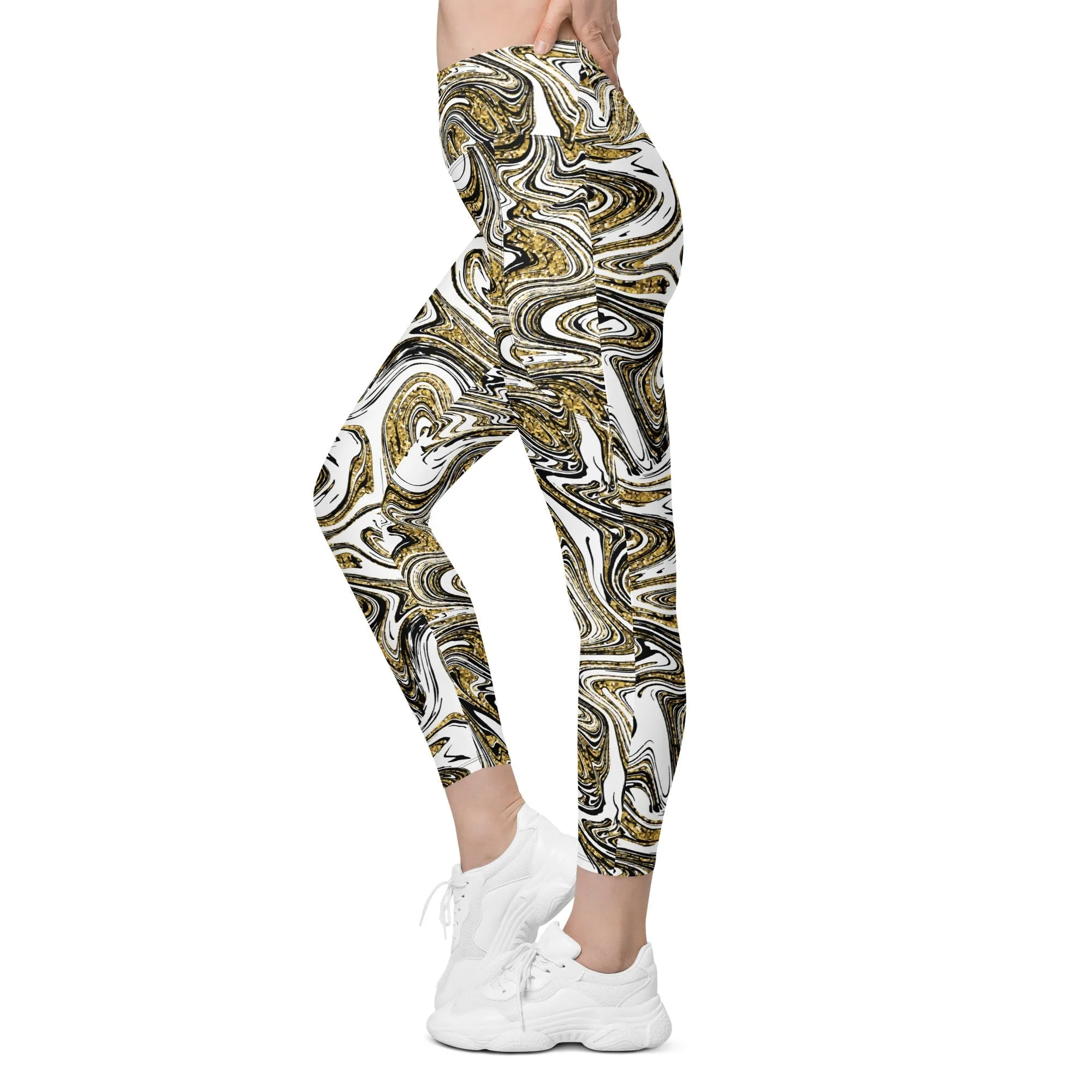 Glitter Print Marble Leggings With Pockets